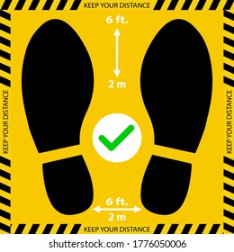 Social distancing Keep Your Distance Sticker, footprint sign red color, COVID-19 Coronavirus, New Normal for Lift, Elevator, caution sign. Vector image 