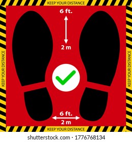 Social distancing Keep Your Distance Sticker, footprint sign red color, COVID-19 Coronavirus, New Normal for Lift, Elevator, caution sign. Vector image 