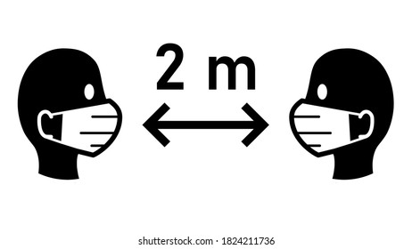 Distancia social Mantener la distancia 2 m o 2 metros de señalización con personas con máscaras faciales y flecha de distancia. Imagen vectorial.