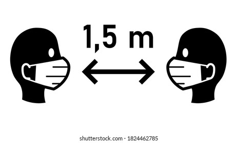 Social Distancing Keep Your Distance 1,5 m or 1,5 Metres Sign with People wearing Face Masks and Distance Arrow. Vector Image.