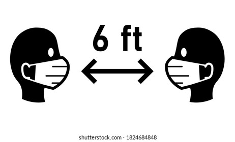 Social Distancing Keep Your Distance 6 ft or 6 Feet Sign with People wearing Face Masks and Distance Arrow. Vector Image.