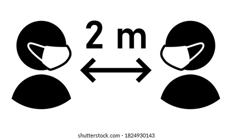 Distancia social Mantener la distancia 2 m o 2 metros de señalización con personas con máscaras faciales y flecha de distancia. Imagen vectorial.