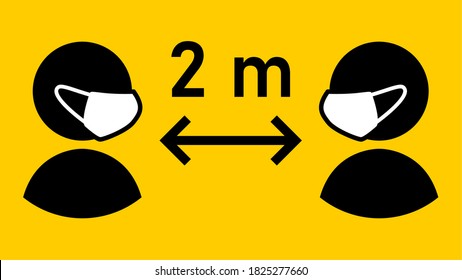 Distancia social Mantener la distancia 2 m o 2 metros de señalización con personas con máscaras faciales y flecha de distancia. Imagen vectorial.