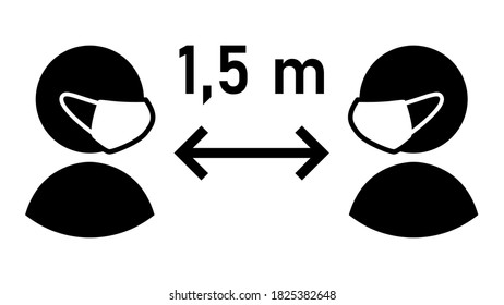 Social Distancing Keep Your Distance 1,5 m or 1,5 Metres Sign with People wearing Face Masks and Distance Arrow. Vector Image.