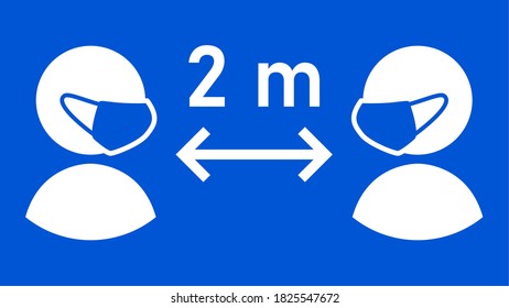 Distancia social Mantener la distancia 2 m o 2 metros de señalización con personas con máscaras faciales y flecha de distancia. Imagen vectorial.