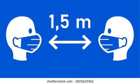 Distancia social Mantener la distancia 1,5 m o 1,5 m Signo con personas con máscaras faciales y flecha de distancia. Imagen vectorial.