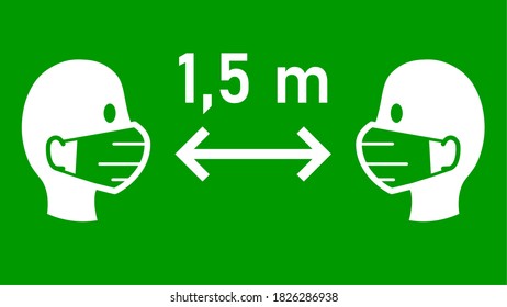 Social Distancing Keep Your Distance 1,5 m or 1,5 Metres Sign with People wearing Face Masks and Distance Arrow. Vector Image.