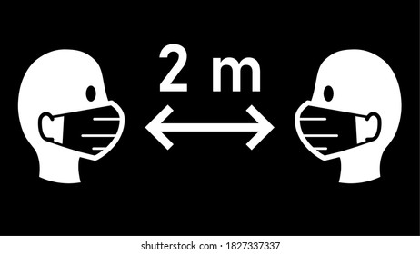 Social Distancing Keep Your Distance 2 m or 2 Metres Sign with People wearing Face Masks and Distance Arrow. Vector Image.