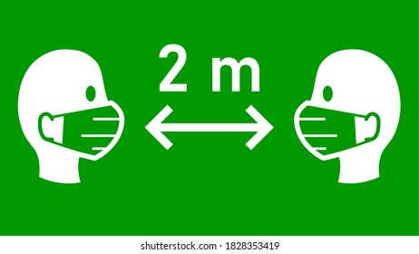 Distancia social Mantener la distancia 2 m o 2 metros de señalización con personas con máscaras faciales y flecha de distancia. Imagen vectorial.