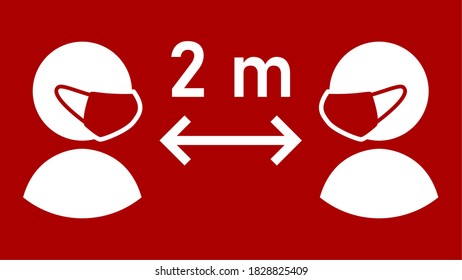 Distancia social Mantener la distancia 2 m o 2 metros de señalización con personas con máscaras faciales y flecha de distancia. Imagen vectorial.