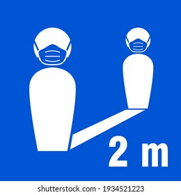 Distancia social Mantenga su distancia 2 m o 2 m y use un icono de máscara de cara. Imagen vectorial.