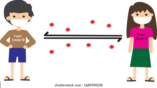 Social Distancing, keeping a distance in the community to protect from the concept of the spread of COVID-19, two children are showing social distancing with clothes that say fight covid-19