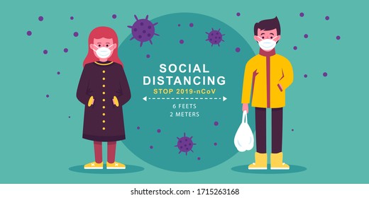 Social distancing, Keeping the distance in public to prevent and stop spread corona virus (COVID-19). Vector illustration.