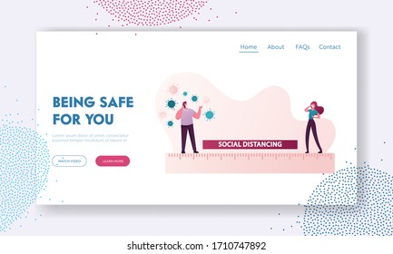 Social Distancing Landing Page Template. People Keep Distance in Public Protect from Covid-19 Outbreak Spread. Characters in Masks Stand on Ruler with Germs around. Cartoon People Vector Illustration