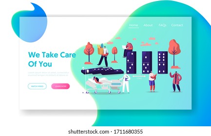 Social Distancing Landing Page Template. People Keep Distance in Public Society to Protect from Covid-19 Coronavirus Outbreak Spreading. Characters Protect from Viruses. Cartoon Vector Illustration