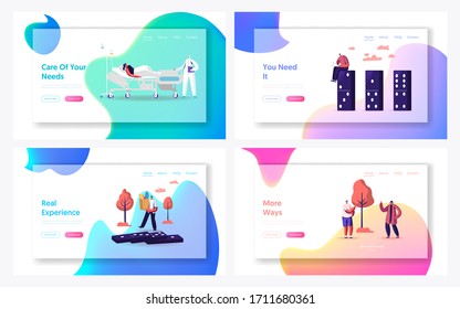 Social Distancing Landing Page Template Set. People Keep Distance in Public Society to Protect from Covid19 Coronavirus Outbreak Spreading. Characters Protect from Viruses. Cartoon Vector Illustration