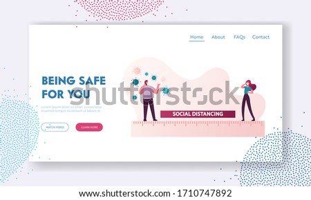 Social Distancing Landing Page Template. People Keep Distance in Public Protect from Covid-19 Outbreak Spread. Characters in Masks Stand on Ruler with Germs around. Cartoon People Vector Illustration