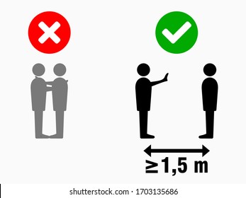 Social Distancing at least 1,5 Meters No Hugs Sign. Vector Image.