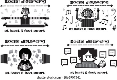 social distancing at least 6 feet apart character graphics