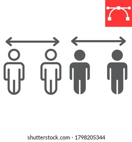 Línea de distanciamiento social e icono de glifo, coronavirus y covid-19, mantener gráficos vectoriales a distancia, icono lineal de trazo editable, eps 10