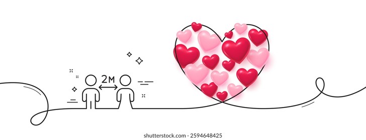 Social distancing line icon. Continuous line big heart. 2 meters distance between sign. Coronavirus pandemic symbol. 3d hearts in heart shaped loop. Social distancing single line ribbon. Vector