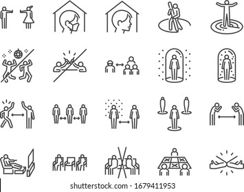Conjunto de iconos de línea de distanciamiento social. Iconos incluidos como cuarentena automática, quedarse en casa, proteger, evitar la saturación, espacio, área y más.