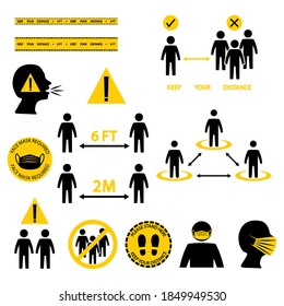 Social distancing line icon set. Included icons as self quarantine, mask required, protection, avoid crowded, stand here, keep your distance and more. Keeping a distance between people. Vector