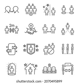 Social distancing line icon set vector illustration. Collection monochrome linear logo self quarantine, stay home, protection, avoid crowded space area isolated. Coronavirus disease prevention safety