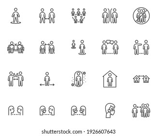 Social distancing line icons set. linear style symbols collection, outline signs pack. Physical distancing vector graphics. Set includes icons as keep your distance, stay home, coronavirus prevention