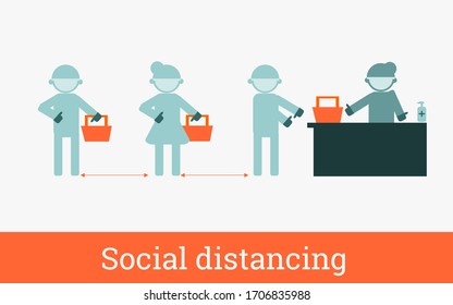 Social distancing, location or distance concept. Keeping a distance from people in public areas in stores. Stop Coronavirus COVID-19 protection, medical health. Flat design.