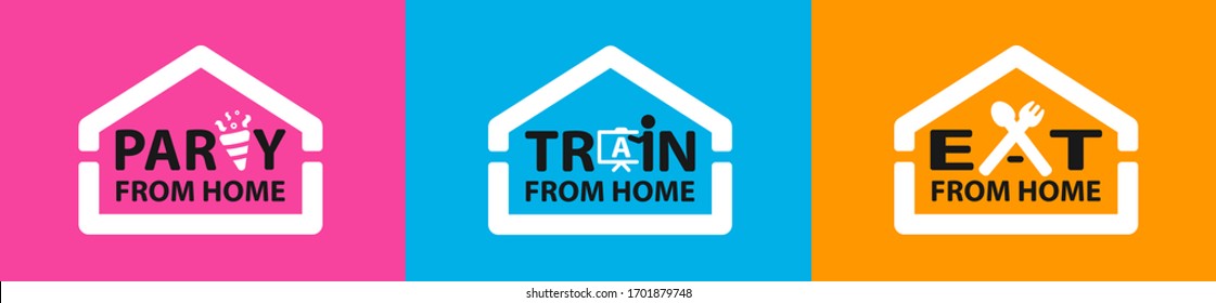 Social Distancing Logo To Use For From Home Activities. Party, Train And Eat From Home Logo. Social Distancing Icon.