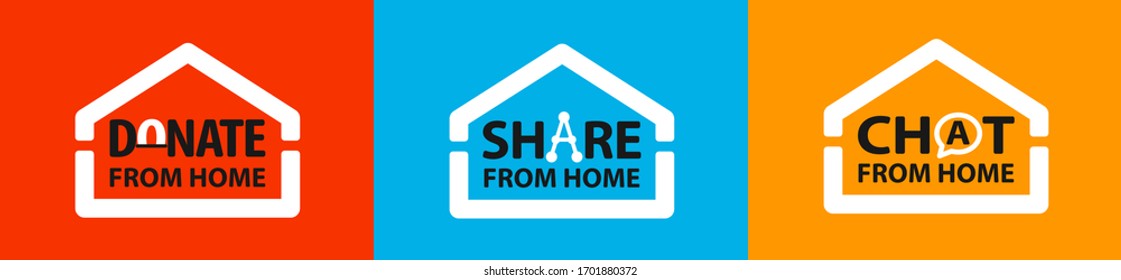 Social distancing logo to use for from home activities. Donate, share and chat from home logo. Social distancing icon.