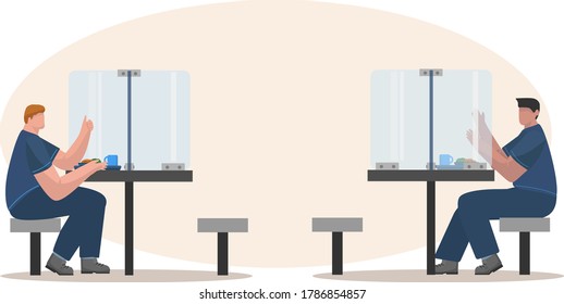 Social Distancing At Lunch Time At The Office Dinner Room: Two Workers Eating, Tables With Transparent Shields Keeping Social Distance 