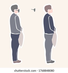 
Soziale Distanzierung männliche Person in einer Warteschlange Konzept. Shopper mit Gesichtsmaske und Beutel warten in Linie. Präventives Video-Kunstsymbol mit Kopienraum. 