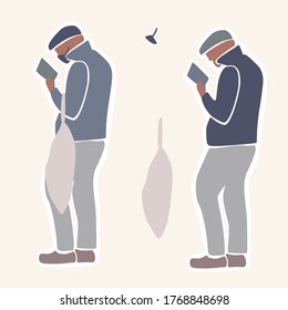 
Social distancing male person in a queue concept. Shopper with face mask and bag waiting in line. Preventative clip art symbol with copy space. 