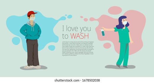 Social Distancing, a man wearing face mask looks at his girlfriend from distance, girl wearing hospital nursing gown holding a bottle of hygienic gel in her hand asking him to wash his hand