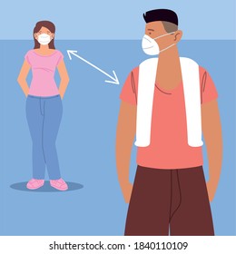 social distancing, man and woman character wearing surgical, during coronavirus covid 19 vector illustration