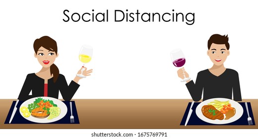 Social distancing. Man and woman having dinner together, hands toasting wines keeping distance to protect from corona virus diseases (COVID-19). Idea for coronavirus outbreak, prevention and awareness