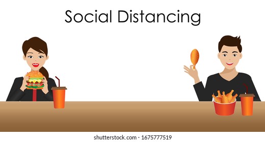 Social distancing. Man and woman having fast food lunch, keeping distance to protect from corona virus diseases (COVID-19). Idea for coronavirus outbreak, prevention and awareness.