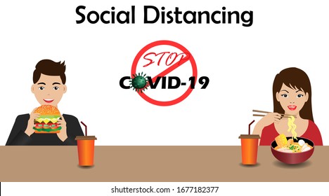 Social distancing. Man and woman having personal lunch, keeping distance to protect from spreading of COVID-19 corona virus. Idea for COVID-19 outbreak, prevention and awareness.