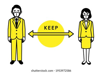 Social distancing, Man and woman keep a distance. Vector illustration.