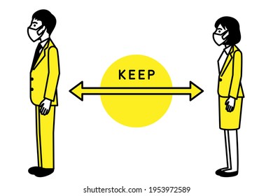 Social distancing, Man and woman keep a distance. Vector illustration.