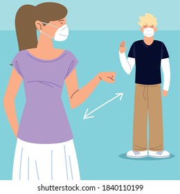 social distancing, man and woman with masks saluting keep distance prevention during coronavirus covid 19 vector illustration