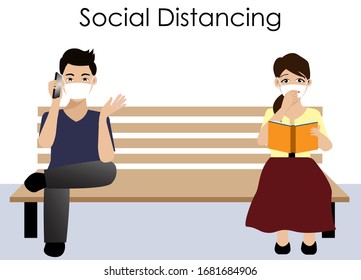 Social Distancing. Man and woman wearing surgical face mask sitting on park bench keeping distance to protect spreading from COVID-19 corona virus. Idea for COVID-19 outbreak,prevention and awareness.