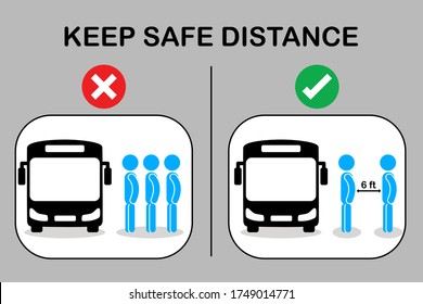 Social distancing with many people on queue line in bus station. Passenger waiting bus stop. City community transport vector concept illustration with diverse commuters standing together.Distance icon