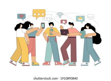 Social distancing. Masked people communicate on social networks. Using gadgets for remote work. Flat vector illustration