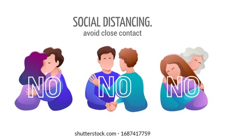 Social distancing. Medical banner flat design. Warning to avoid close contacts - kisses, hugs, handshakes. People and relationships. Vector illustration