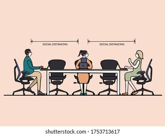 Social Distancing In Meeting Room. Woman And Man Employees Wearing Face Mask Maintain Distance During Meeting. Prevent And Protect Covid-19 Coronavirus