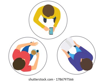 Social distancing, Men stand in the circle , keep distance for 2 centimeters, health protection, new normal, use phone, drink coffee, read book,vector illustration