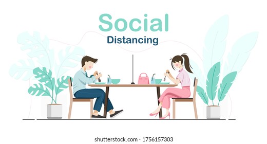 Social distancing. Men and women sitting and eating food at the dining table that has partition for prevent infection of Covid-19 virus. Vector illustration